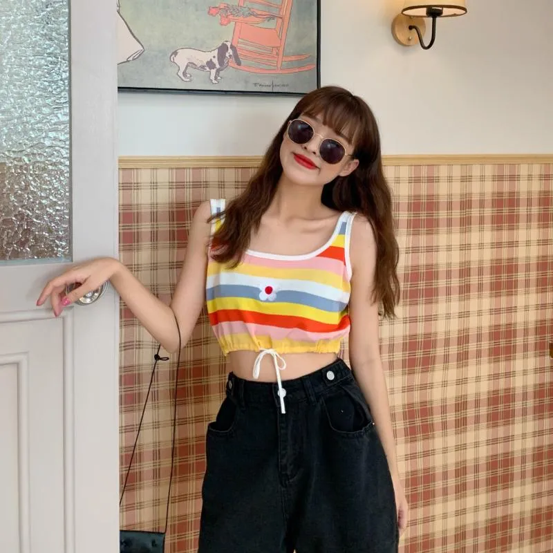 Women's Cute Flower Embroidered Rainbow Stripes Tops