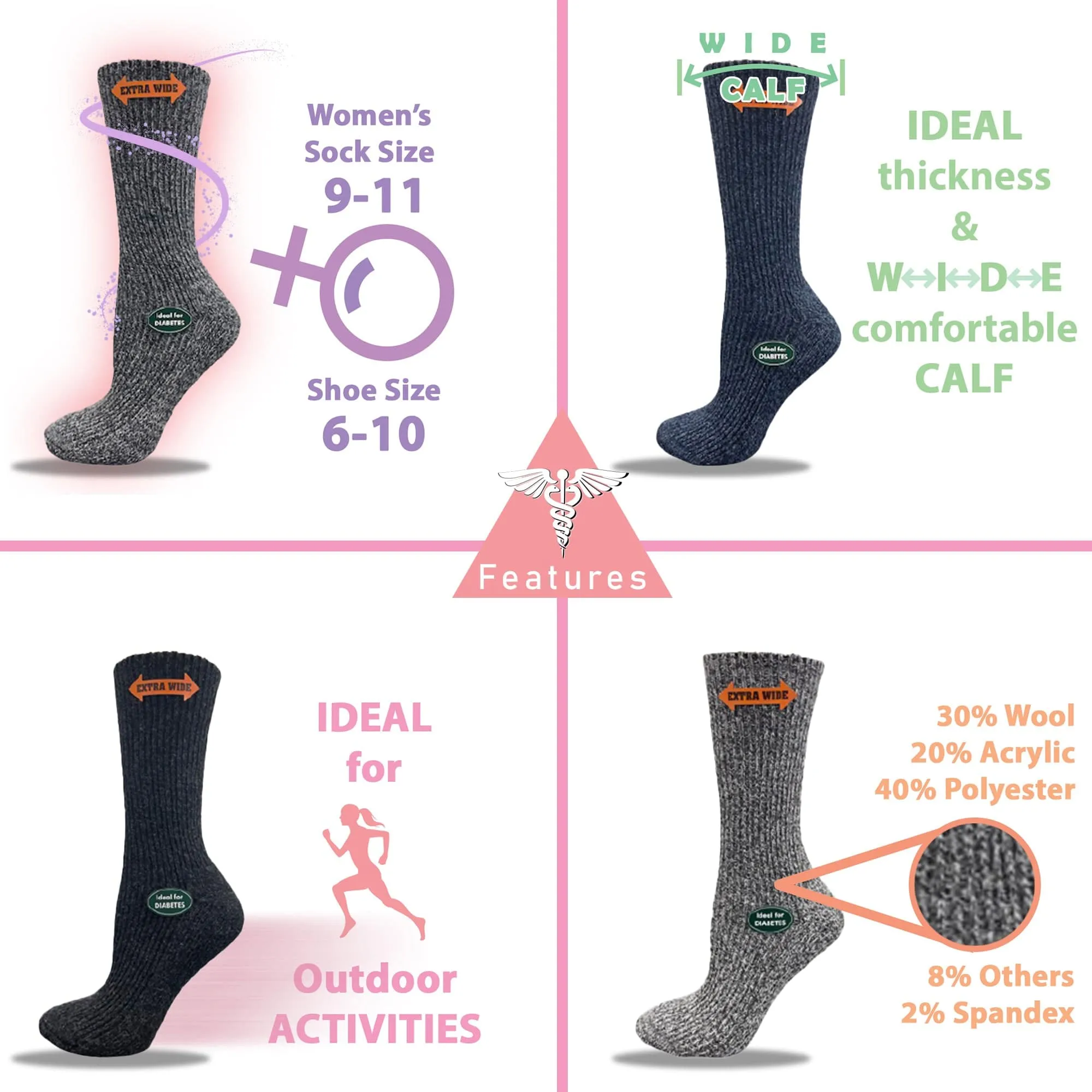 Women’s Diabetic Crew Socks with Extra Wide Calf - Regenerated Wool Ecofriendly Footwear