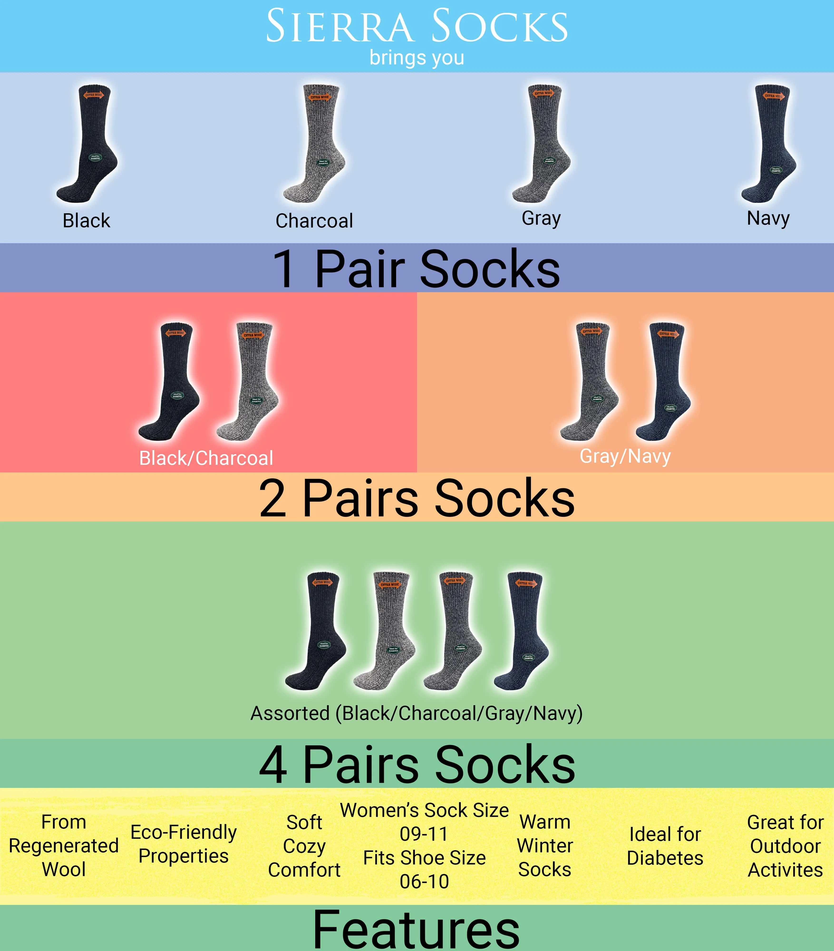 Women’s Diabetic Crew Socks with Extra Wide Calf - Regenerated Wool Ecofriendly Footwear