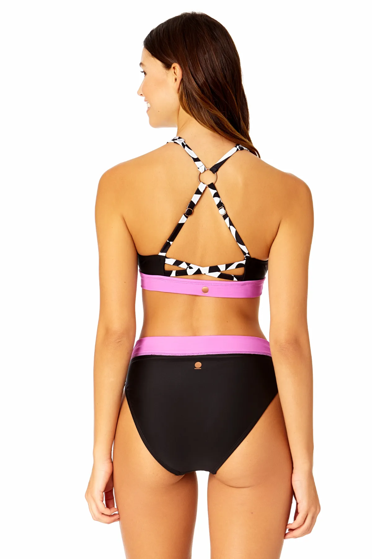 Women's Optical Illusion Zip Longline Bra Swim Top